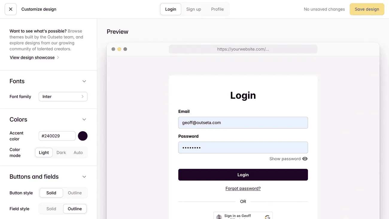 Outseta visual account settings builder showing customization of sign-up, login, and profile embeds with live preview.