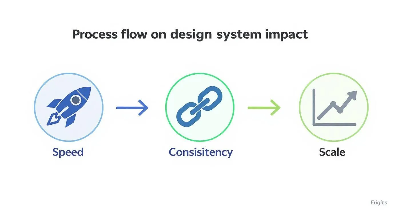 Process flow diagram showing design system impact through speed, consistency, and scale with connected icons