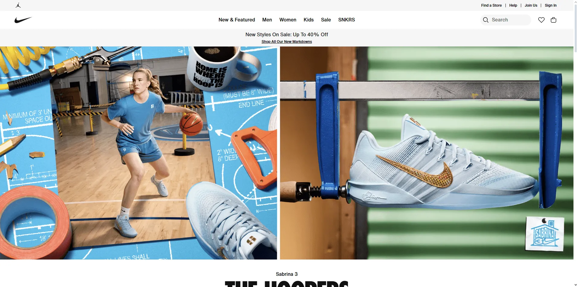 Nike website header with swoosh logo, bold product categories, promotional banner, and mega menus with product visuals.