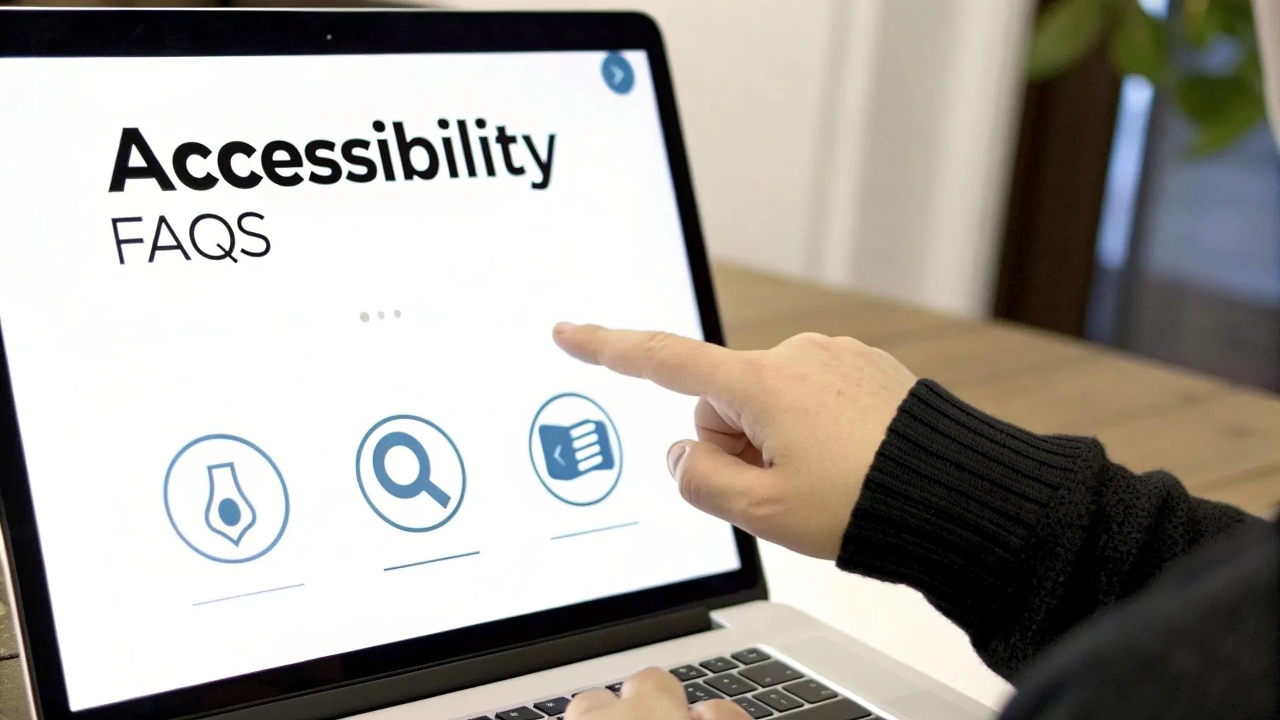 Person pointing at laptop screen displaying accessibility FAQs page with navigation icons