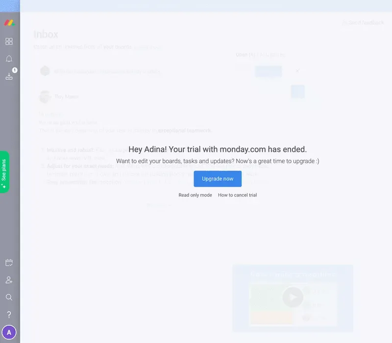 Monday.com's Trial Expiry Modal