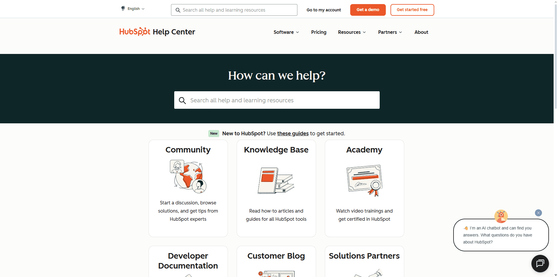 HubSpot contact page showing clean form with multiple inquiry categories and sales/support options.