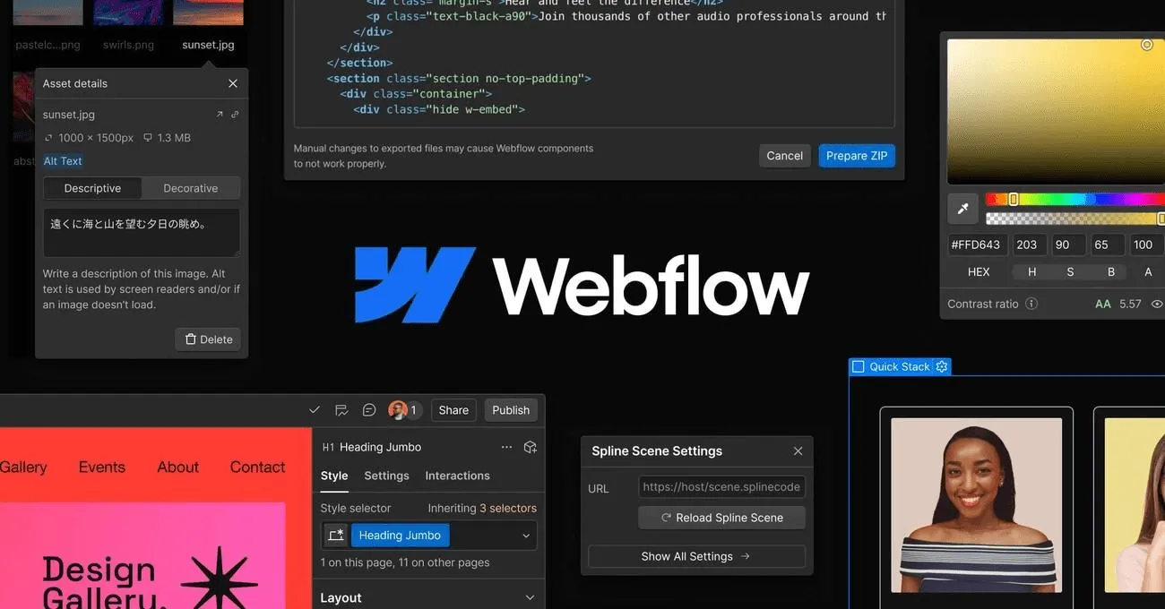 Webflow SaaS website builder homepage with drag-and-drop interface and animated design examples.